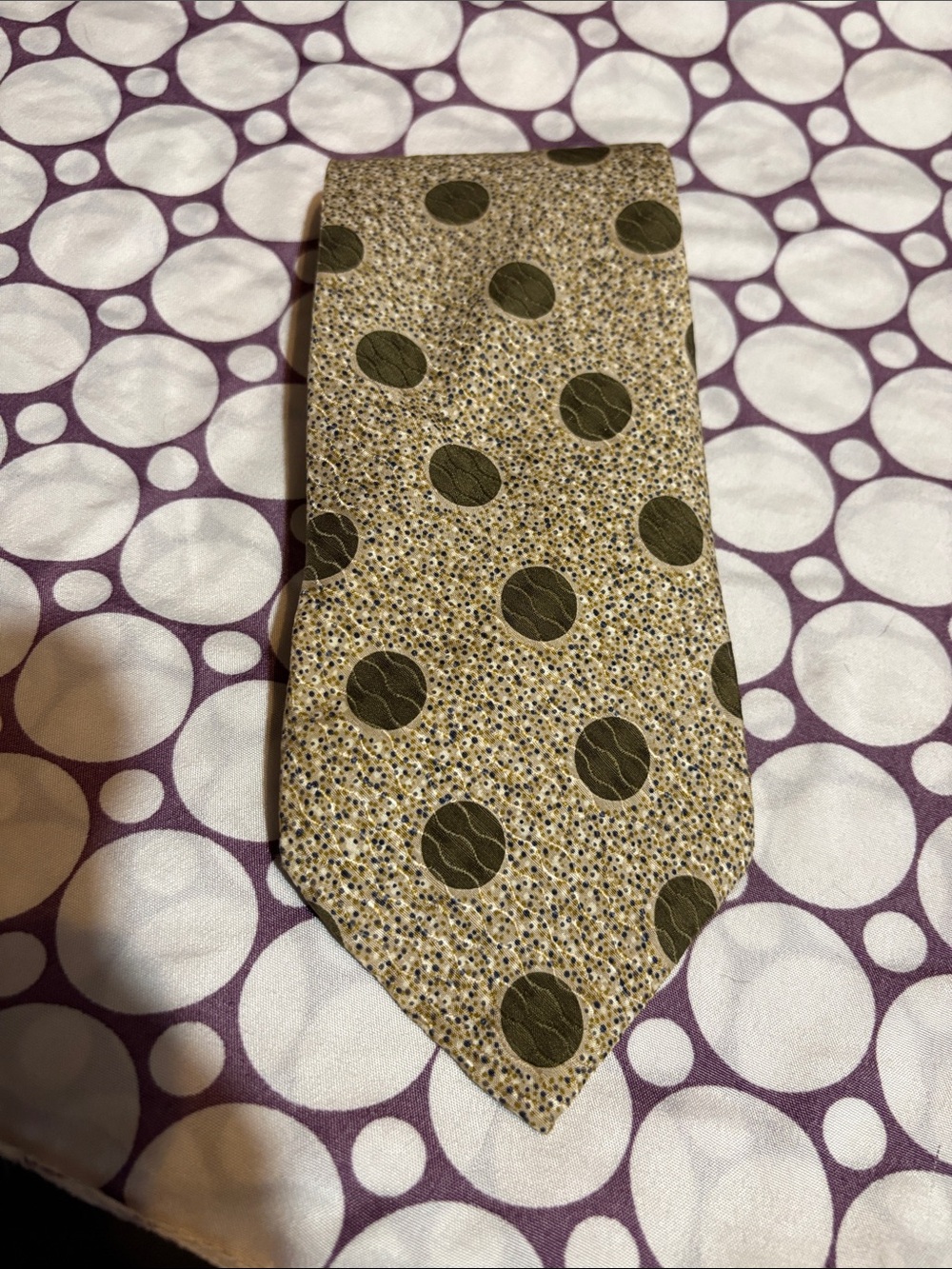 Structure Olive Green Polka Dot Tie on Beige-Gold Field